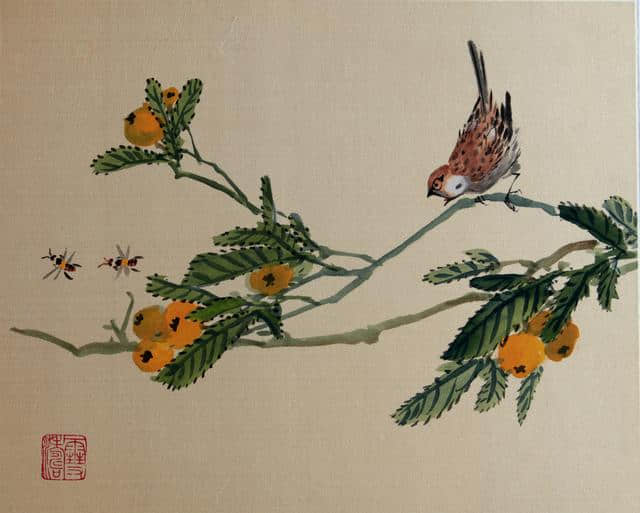 诗画鉴赏之一：诗—鸟鸣涧/王维，画—枇杷麻雀图/王雪涛