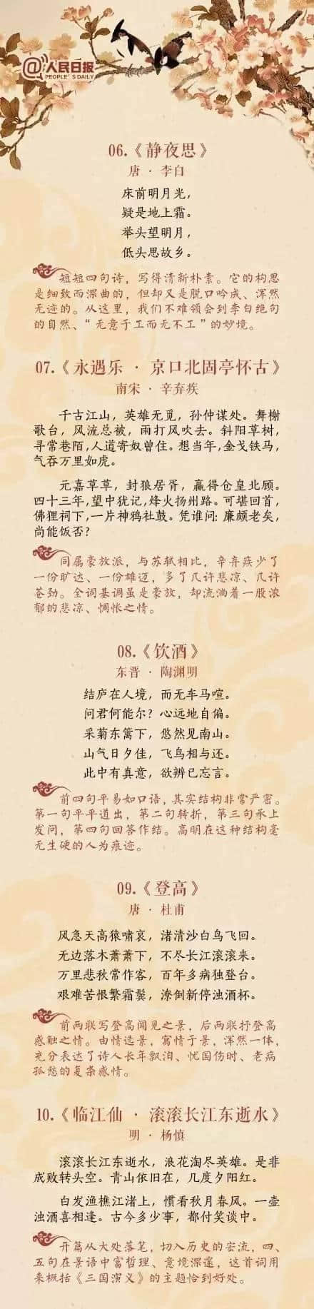 人民日报：中国历史上超高水平的40首古诗词，可收藏给孩子学习
