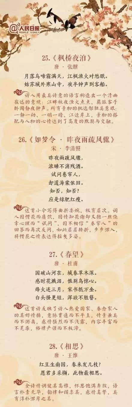 人民日报：中国历史上超高水平的40首古诗词，可收藏给孩子学习
